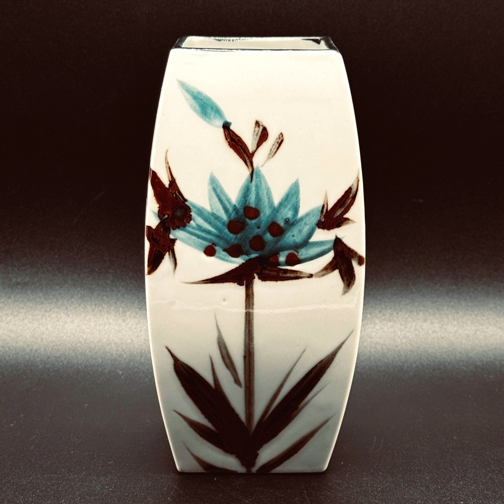Vintage Napcoware Japan MCM Square Vase Turquoise Brown Floral Ceramic Botanical
